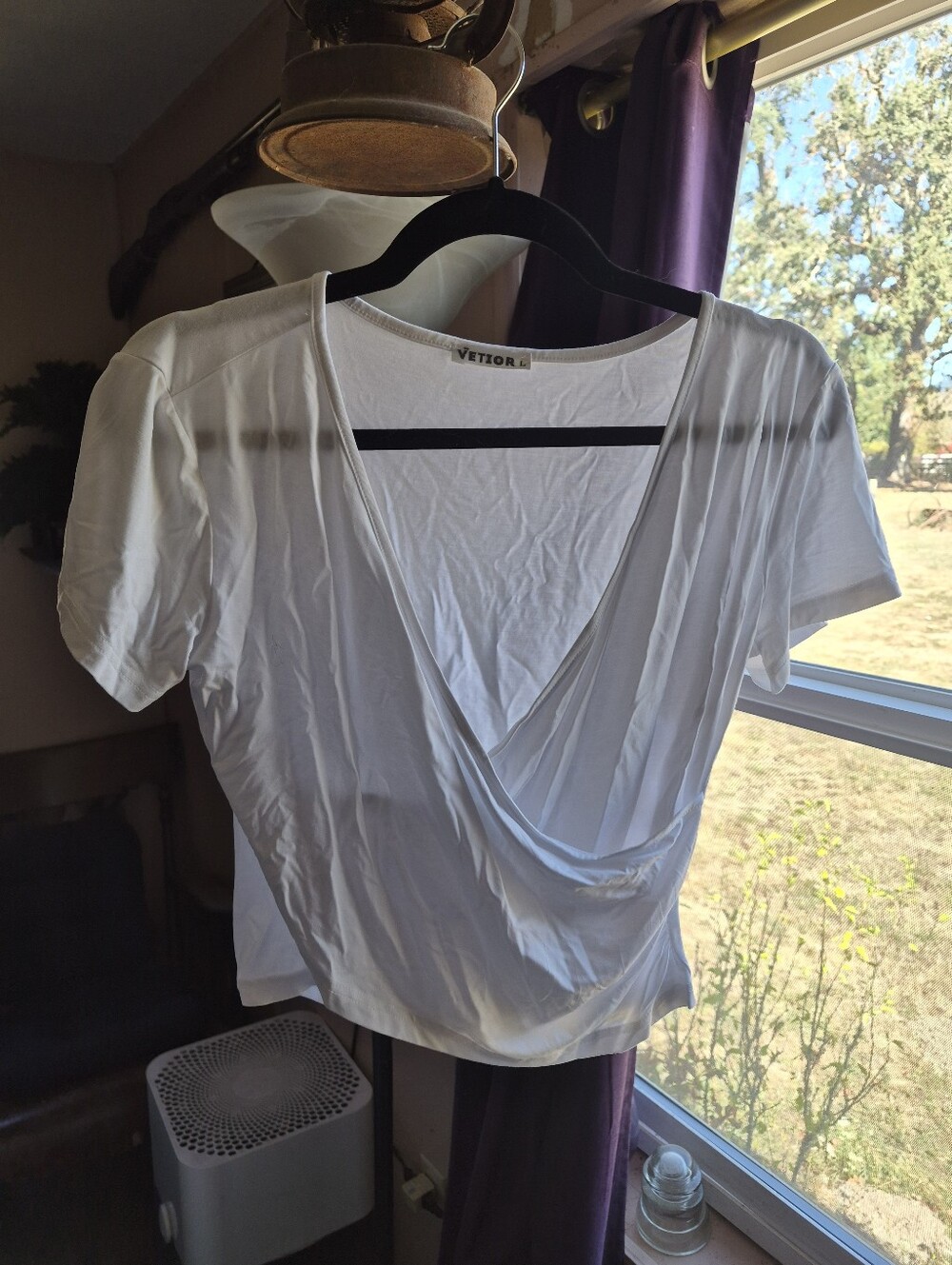 White Draped V-Neck Women's Top